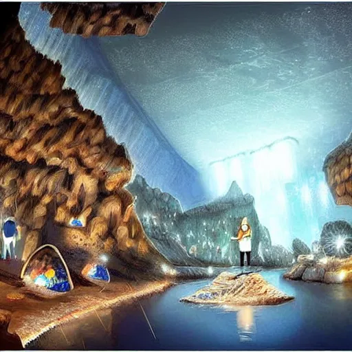 Image similar to a diamond mine, lots of diamonds unearthed, a lights is being reflected all around the dark cave mine, luminous Color’s, murial art, concept art.