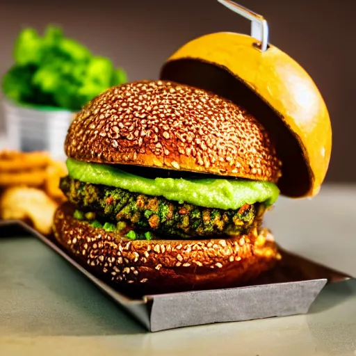 Image similar to juicy vegan hamburger with guacamole topping and crispy fried onion topping and a fried egg topping, crispy buns, 8 k resolution, professional food photography, studio lighting, sharp focus, hyper - detailed