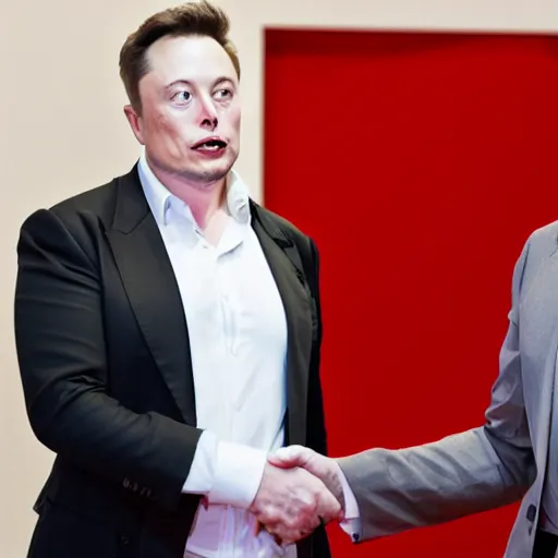 Image similar to Elon Musk shaking hands with another Elon Musk, highly detailed, high quality, HD, 4k, 8k, Canon 300mm, professional photographer, 40mp, lifelike, top-rated, award winning, realistic, sharp, no blur, edited, corrected, trending