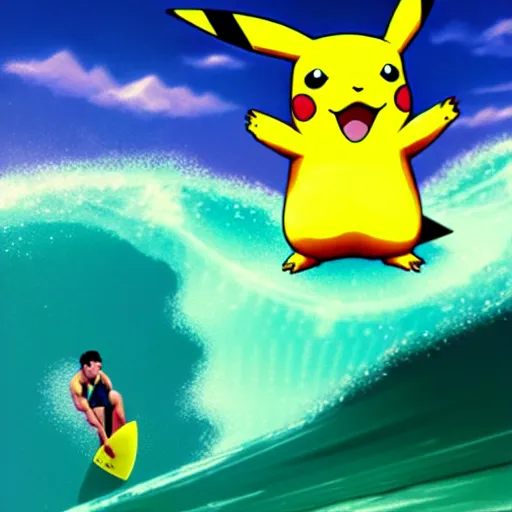 Image similar to pikachu surfing on a wave made of green slime, pokemon tcg image, trending on artstation