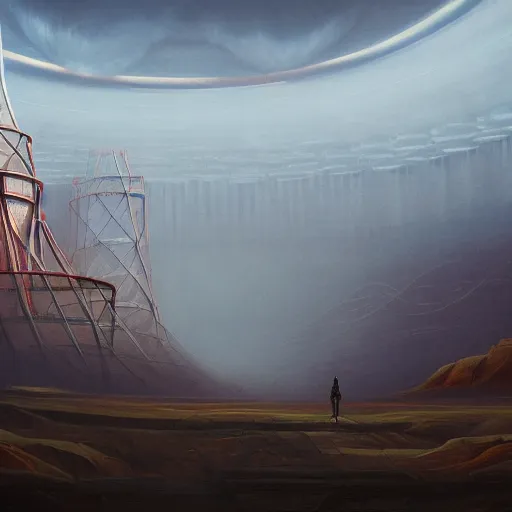 Prompt: A surreal landscape around a nuclear reactor looking at the viewer by Noah Bradley and Salvador Dali, 4k, award winning artwork, trending on artstation.