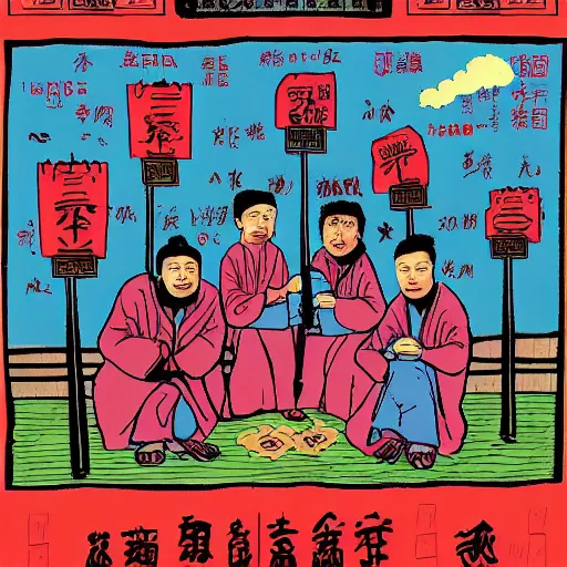 Image similar to uyghurs behind bars, in the style of daniel johnston and outsider art, 4k, overlaid with chinese text