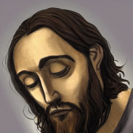 Image similar to concept art of depressed jesus from gods perspective