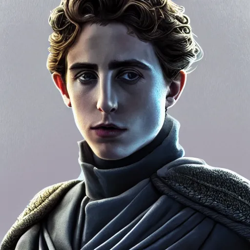 Image similar to realistic paul atreides emperor of the known universe, perfect dramatic and dark portrait by rabbitary b, trending on artstation, deviantart, dune, low angle oil painting and composition laws, dark foggy background, timothee chalamet but he is older, man with thin lines on the face, medium - long curly brown hair, completely blue eyes, denis villeneuve cinematography