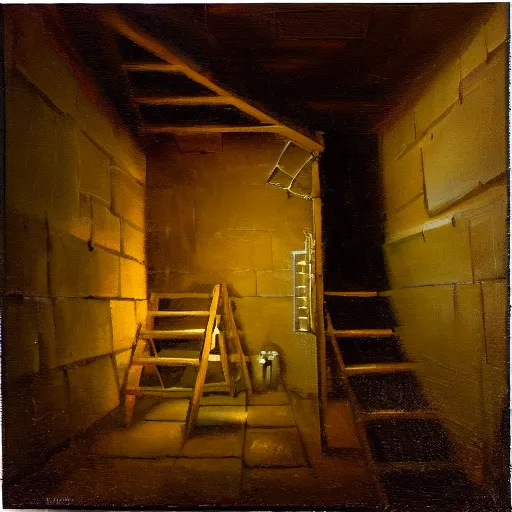 Prompt: a square dark dungeon room. There is a ladder going to an attic and a slide going down, oil painting