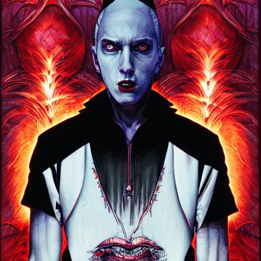 Prompt: portrait of eminem, vampire, symmetrical, by yoichi hatakenaka, masamune shirow, josan gonzales and dan mumford, ayami kojima, takato yamamoto, barclay shaw, karol bak, yukito kishiro