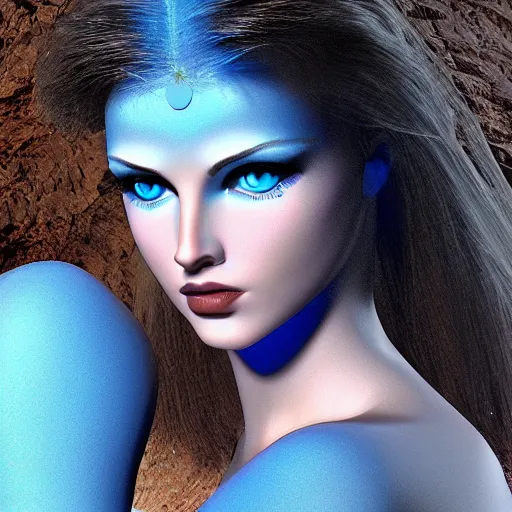 Prompt: seductive divine goddess with bright blue eyes in a dark cave, photo 3 d,