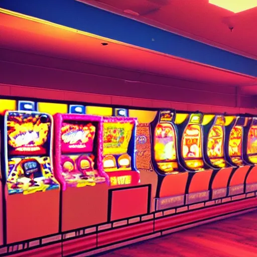 Prompt: beautiful fuzzy phonecamera photograph of an empty 9 0 s arcade