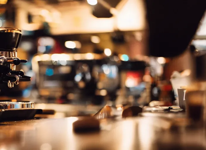 Prompt: a 2 8 mm macro photo from the back of a barista standing at the espresso machine in a cozy cafe, splash art, movie still, bokeh, canon 5 0 mm, cinematic lighting, dramatic, film, photography, golden hour, depth of field, award - winning, anamorphic lens flare, 8 k, hyper detailed, 3 5 mm film grain, hazy