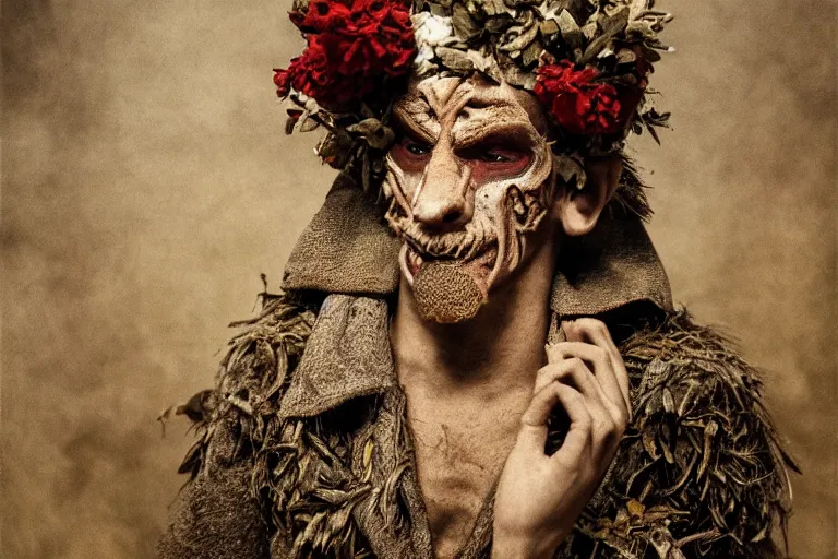 Image similar to portrait of a tyrolean folklore mask, wearing hay coat, with horns, eerie, flowers growing out of his body, detailed intricate insanely detailed octane render, 8k artistic 1920s photography, photorealistic, chiaroscuro, by David Cronenberg, Raphael, Caravaggio
