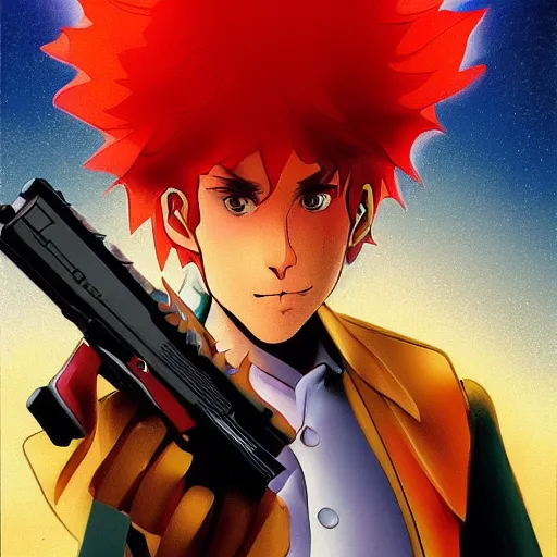 Image similar to , hyperrealistic spike from anime cowboy bebop holding two handguns looking into the distance of space, physically accurate, dynamic lighting, intricate, elegant, highly detailed, very very Roberto Ferri, sharp focus, very very unsettling, very terrifying, illustration, wideshot, spike in on top of his red spaceship and he is looking over a dystopian cyber city on Mars art