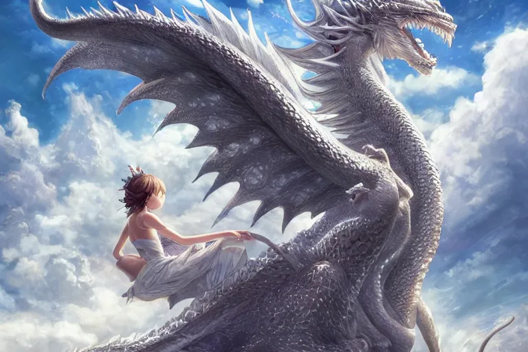 Image similar to the beautiful hyper detailed big scene render that a beautiful girl sitting on the back of a huge silver white dragon alone in fairyland surrounded by white clouds, finely detailed angelic face delicate features, style of studio ghibli, makoto shinkai, artgerm, karol bak, kazuki tanahashi, james jean, ross tran, xision, ultra wide angle