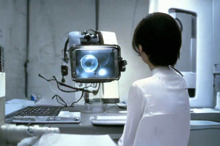 Prompt: alien using a computer to check her email submerged in translucent goo, over the shoulder perspective, in 1 9 8 5, y 2 k cybercore, industrial photography, still from a kiyoshi kurosawa movie