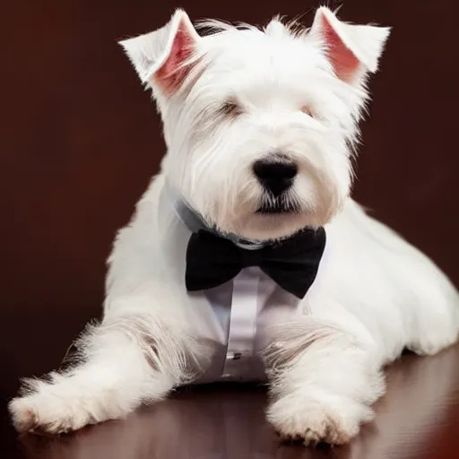 Prompt: West highland white terrier in a tuxedo drinking scotch