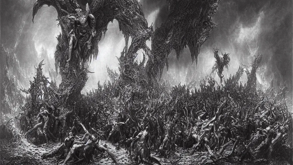 Image similar to satans fall from paradise into hell by gustave dore, james ryman, wayne barlowe. deep rich color