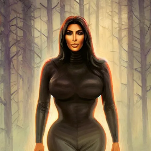 Image similar to kim kardashian as a cop, police uniform, face portrait, scared emotion, haunted forest with ufo sitting in the distant fog, pretty, aesthetic, dust molecules, matte detailed photo, DeviantArt, Artstation, by donato giancola, ralph horley, loish, ufo lighting