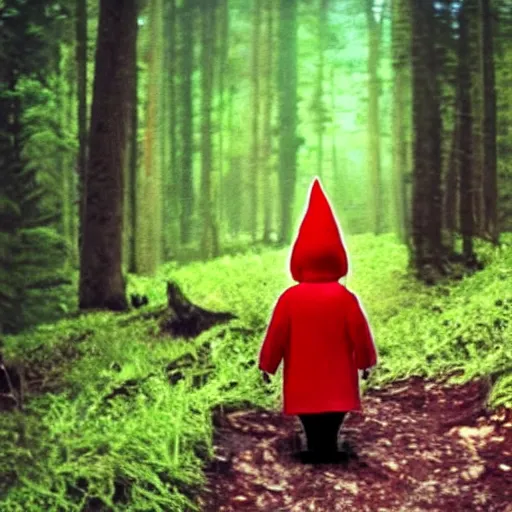 Prompt: bad quality screenshot of a leaked video of a small person dressed as gnome looking at me at a forest trail, photo taken from far away, night time, bright camera flash, camera shaking, disturbing, very scary, realistic, very disturbing, ultrarealistic, 480p, scary