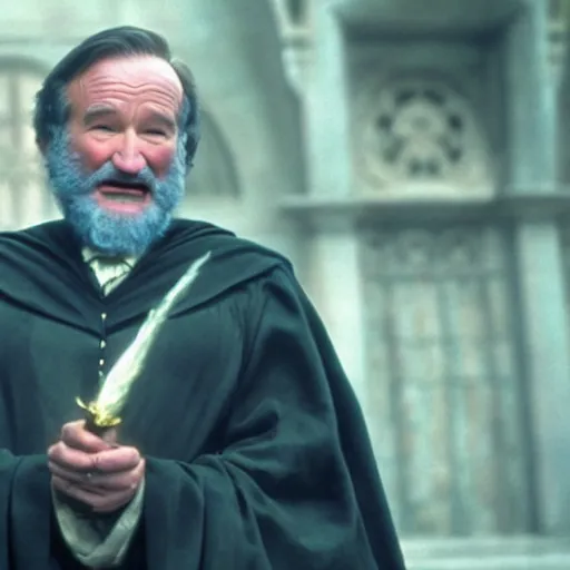 Image similar to Robin Williams playing Dumbledore in Harry Potter, screenshot