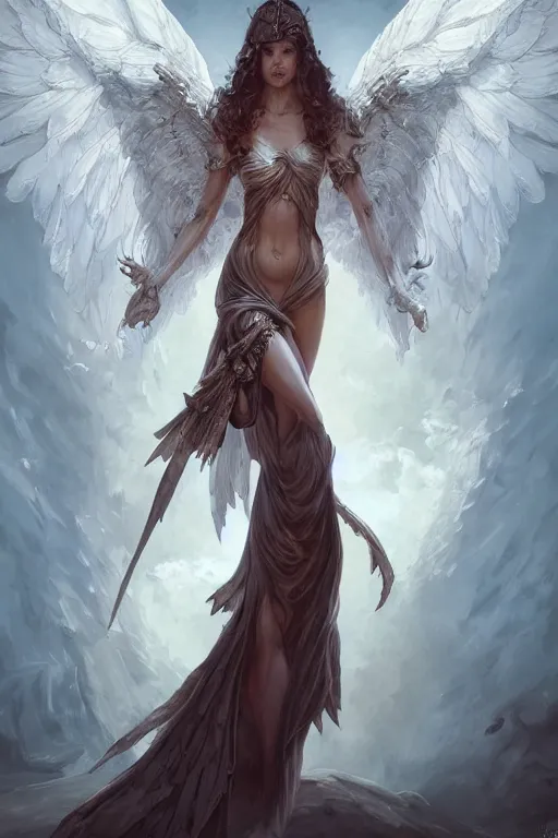 Image similar to full body portrait of a girl angel, wings, d & d, fantasy, intricate, elegant, highly detailed, digital painting, artstation, concept art, smooth, sharp focus, illustration, art by artgerm and greg rutkowski and peter mohrbacher & greg rutkowski & alexandros pyromallis & nekro & rene maritte