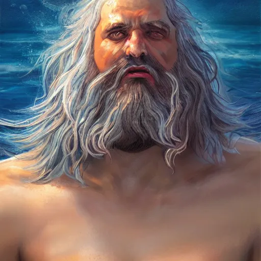 Image similar to portrait of proud and screaming Poseidon rising from the ocean, ready to fight, fantasy painting, artstation