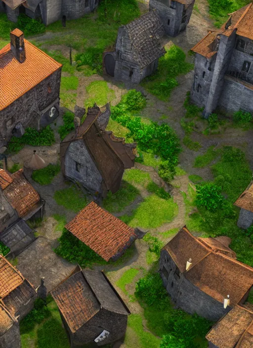 Image similar to subsurface scattering, medieval village in the middle of lush forest, as render from top mobile game, cinematic lighting, 8 k