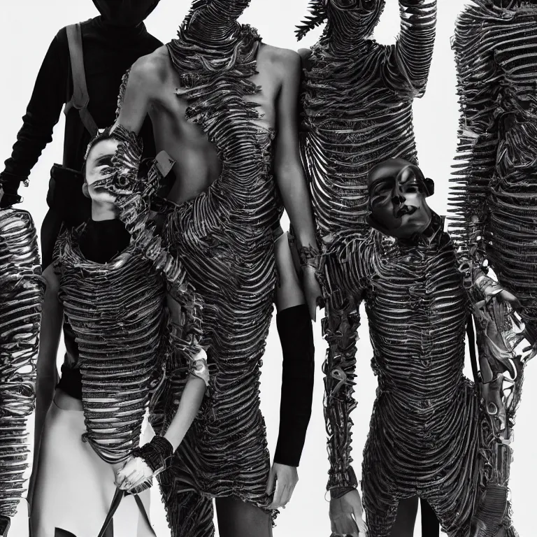 Prompt: three masked faceless figures wearing ribbed spinal biomechanical exoskeleton armor, editorial fashion photography from advertising campaign, editorial BW fashion photography portrait, hypebeast, dior campaign