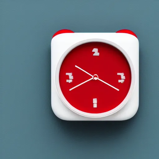 Image similar to Very tiny red alarm clock that looks like the iOS emoji and has the same colors, 3D clay render, 4k UHD, white background, isometric top down left view, diffuse lighting, zoomed out very far