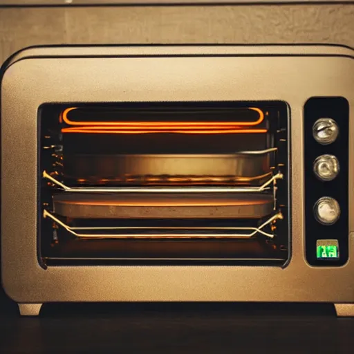 Prompt: toaster oven suspended by lots of metallic cables, symmetry, dark messy smoke - filled cluttered workshop, dark, dramatic lighting, orange tint, sparks, cinematic, highly detailed, sci - fi, futuristic, movie still