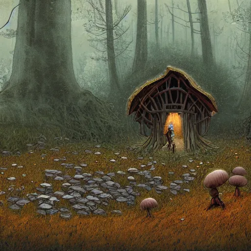 Prompt: an old broken hut mage of huge mushrooms, in an autumn forest, green and brown tones, by Aron Wiesenfeld and beksincki, in the style of of simon stalenhag and Bev dolittle, cinematic, detailed illustration, nature, fog, dark colors, suspense, intricate, 8k in the style, Greg Hildebrandt