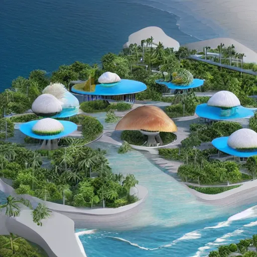 Image similar to architectural renderings, a seaside visitor center consisting of three mushroom - shaped buildings on the blue sea with tall coconut trees ， detailed