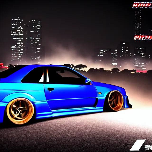 Image similar to a car R34 twin turbo drift at illegal car meet, Kanagawa prefecture, city midnight mist lights, cinematic lighting, photorealistic, highly detailed wheels, high detail