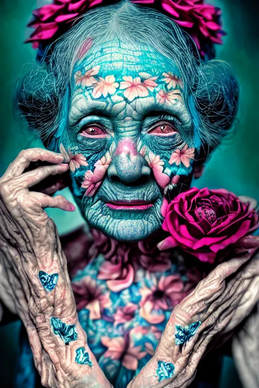Prompt: hyperrealistic hyper detailed close-up portrait of old woman covered in rococo flower tattoos matte painting concept art hannah yata very dramatic dark teal lighting low angle hd 8k sharp 35mm shallow depth of field