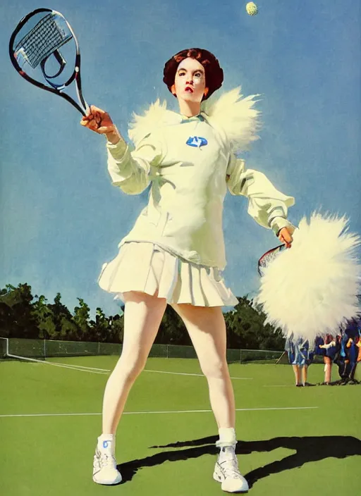 Prompt: a low angle copic maker art nouveau portrait of a russian girl playing tennis on a grass court wearing a futuristic puffy anorak and a latex suit designed by balenciaga by john berkey norman rockwell