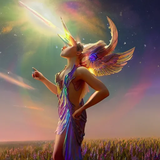 Prompt: an iridescent unicorn with translucent wings frolicking in a field of marijuana, a nebula is in the sky, art by artgerm and greg rutkowski and alphonse mucha, concept art, octane render, unreal engine 5, highly detailed, high quality, 8 k, soft lighting, realistic face, path traced