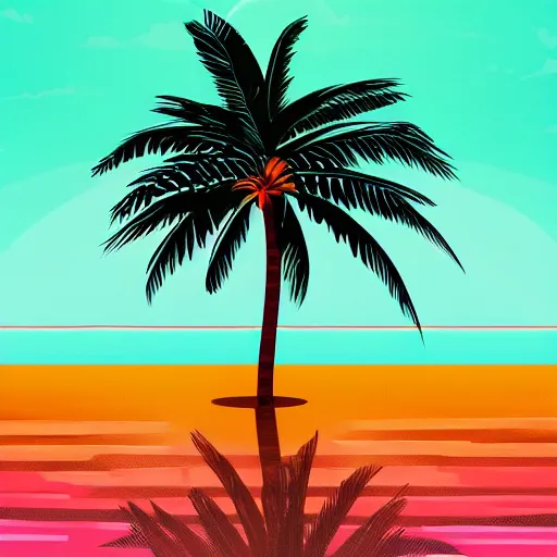 Image similar to Retrofuturistic landscape, retrowave, synthwave, palm tree, colorful, digital painting, album cover