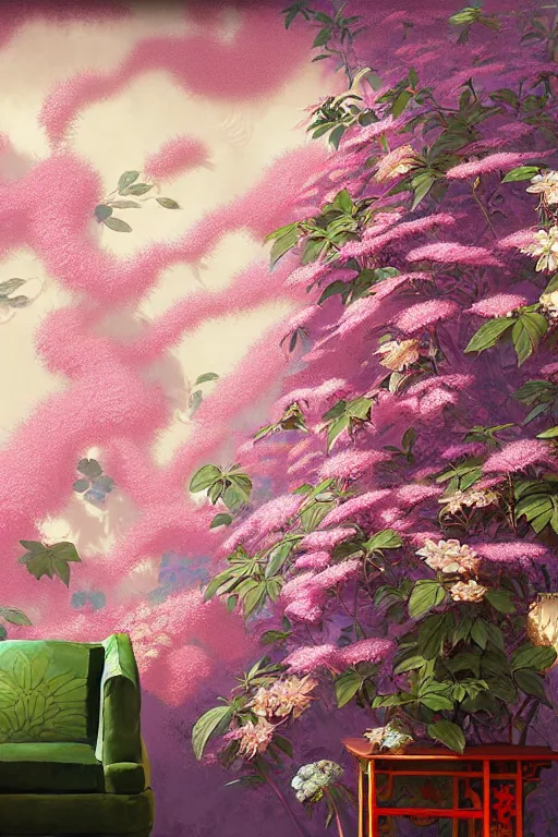 Prompt: Chinoiserie floral wall by Craig Mullins, pixar, Akira Toriyama