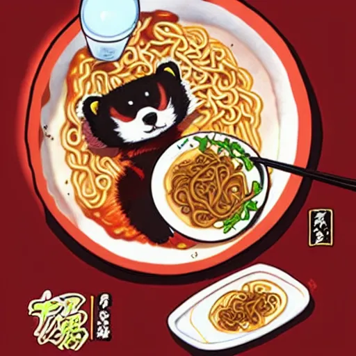 Prompt: anthropomorphic red panda eating ramen, anime by Katsuhiro Otomo