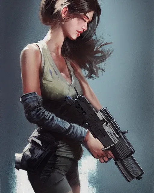 Image similar to Hyper realistic painting of a girl holding a gun, noir, hyper detailed, by greg rutkowski, trending on artstation