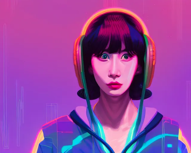 Image similar to beautiful portrait of momo from twice as a sci fi woman, with chaotic vaporwave aesthetic, concept art by james gilleard, wlop, artstation, cgsociety, synchromism, 8 0 s animation flat cell shaded. with thick black pencil lines - h 7 6 8