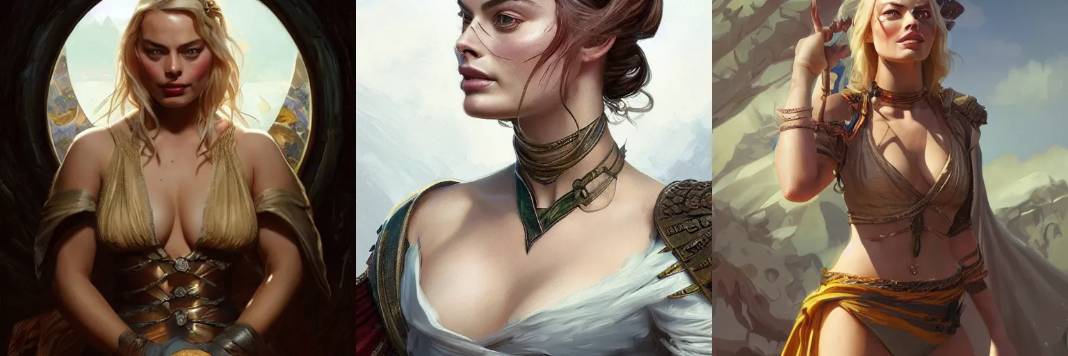 Prompt: Margot Robbie as slave, D&D, fantasy, intricate, elegant, highly detailed, digital painting, artstation, concept art, matte, sharp focus, illustration, hearthstone, art by Artgerm and Greg Rutkowski and Alphonse Mucha