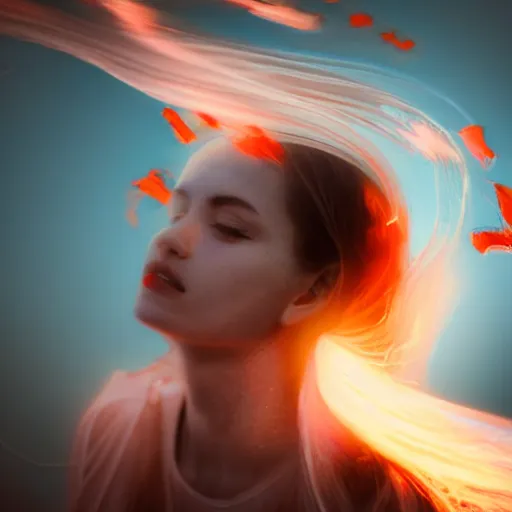 Prompt: digital art. w young woman dissolving into light. disintegrating. bright. luminous. blowing away. cinematic lighting. extremely detailed. award winning. 4 k.