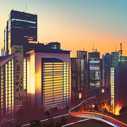 Image similar to Neo Tokyo, main building, sunset