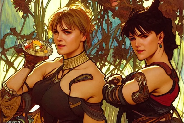 Prompt: xena warrior princess eating at a restaurant art by artgerm and greg rutkowski and alphonse mucha