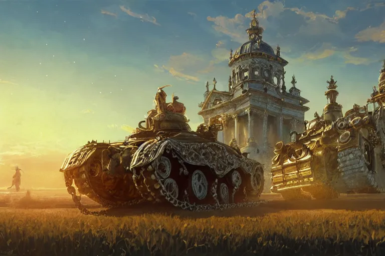 Image similar to an ornate baroque church with tank chains, scene in an open field. key visual, conceptart, ambient lighting, highly detailed, digital painting, artstation, concept art, sharp focus, by makoto shinkai and akihiko yoshida and greg manchess