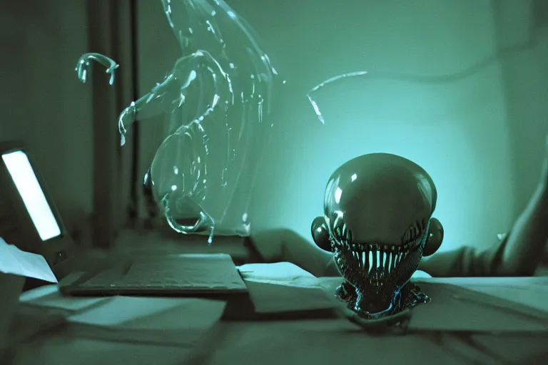 Image similar to alien using a computer to check her email submerged in translucent goo, over the shoulder perspective, in 1 9 8 5, y 2 k cybercore, industrial low - light photography, in the style of tyler mitchell