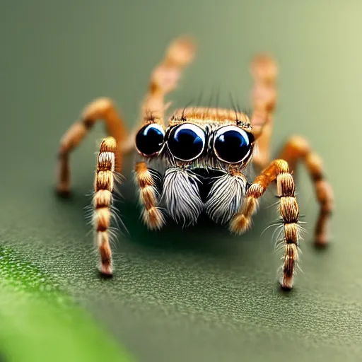 Prompt: a jumping spider using a tiny laptop, by pixar, macro lens, iridescent