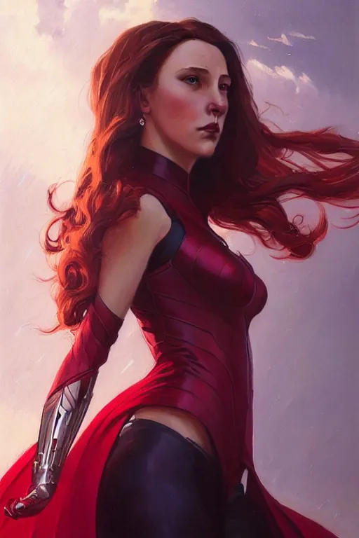 Image similar to gta scarlet witch profile picture by greg rutkowski, dynamic pose, intricate, futuristic, fantasy, elegant, by stanley artgerm lau, greg rutkowski, thomas kindkade, alphonse mucha, loish, norman rockwell, fantasy lut, asymmetric, long hair, retro computer graphics, video game, fluid lines,