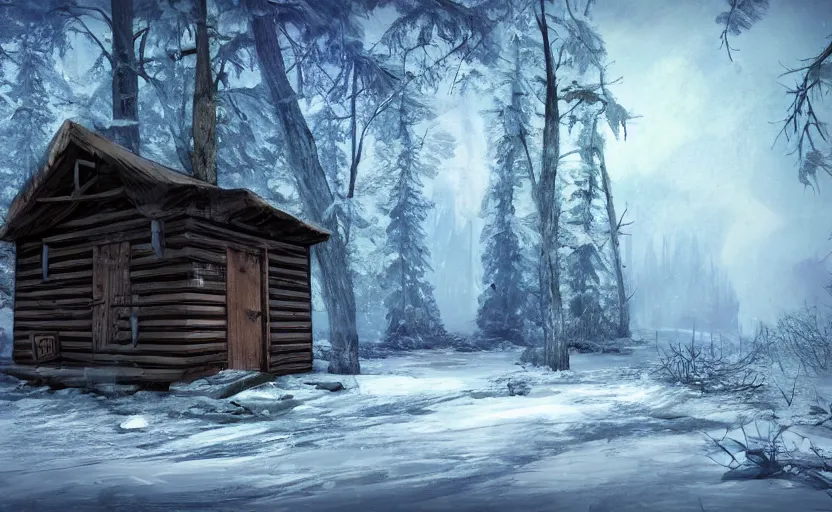 Prompt: A abandoned wooden hut in a winter forest environment concept, northern lights, horror game, artstation