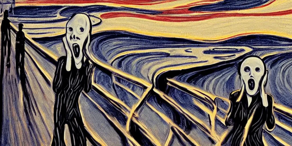 Image similar to The Scream painting realistic robot inspired by black widow by white night on art station
