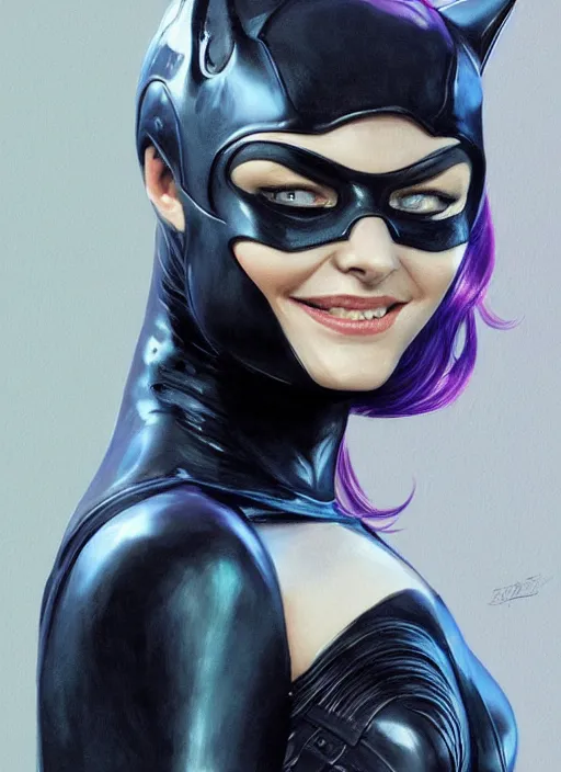 Prompt: A beautiful portrait of a Daria Strokous as Catwoman smiling, from movie Batman, highly realistic digital art by Eugene de Blaas and Ross Tran, vibrant color scheme, highly detailed, in the style of cinematic, artstation, Greg rutkowski